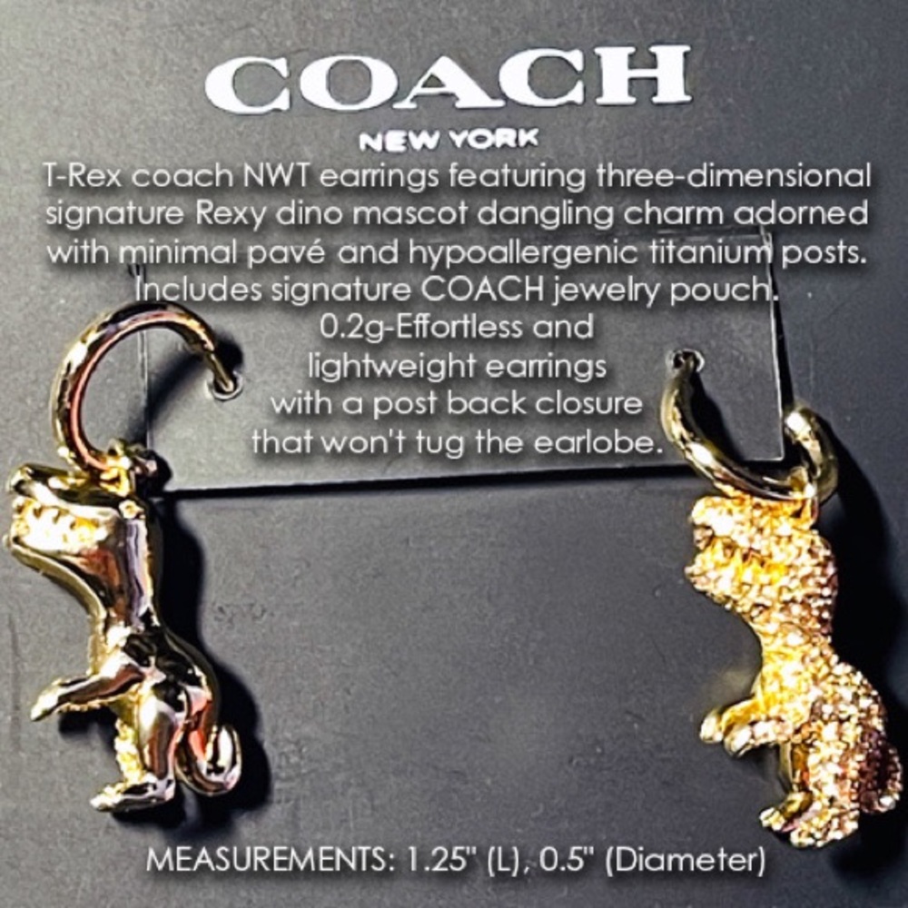 Coach 𝐍𝐖𝐓 Signature Pavé Rexy T-Rex Charm Huggie Earrings NEW - Picture 2 of 10